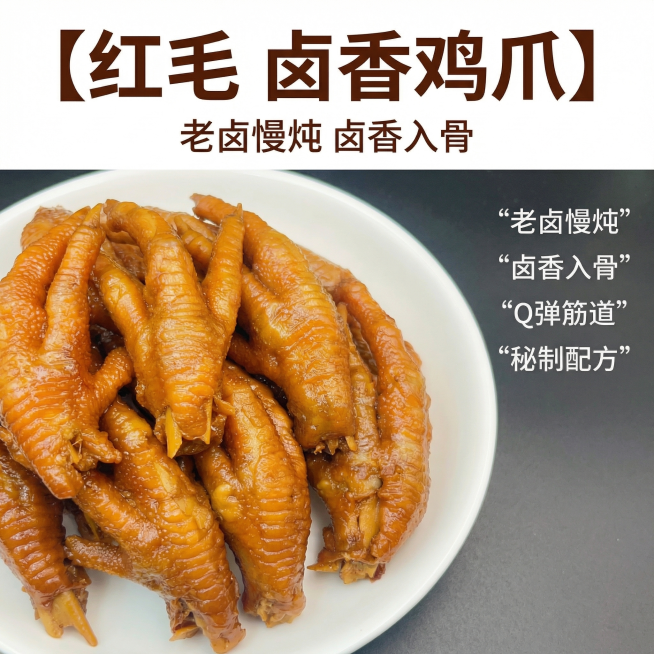 [详情页1] 商品核心海报
[氛围/风格] 简约食欲风，自然暖光
[画面元素] 整盘卤香鸡爪铺满画面，保留原有产品色泽和形态，油亮诱人，背景简约干净
[文字版式] 顶部大标题：【红毛 卤香鸡爪】，副标预览效果