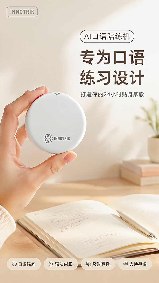 使用商品详情页技能根据商品图「图片1」生成详情页，参考图为「图片1」，商品名称为INNOTRIK，卖点为口语陪练+语法纠正+及时翻译+支持粤语，适配平台为淘宝/天猫，图片比例为9:16，需求屏数为1张，不要完全抄袭  借鉴即可 更换参考图中的小女孩以及拿产品的姿势