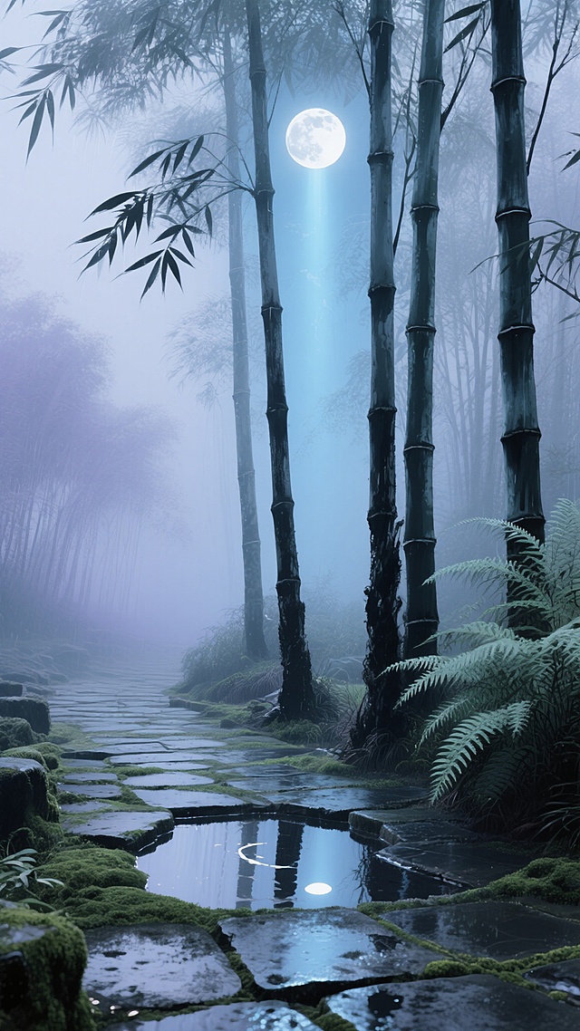 竖版构图，水墨晕染的青灰色迷雾竹林，晨雾如轻纱般缠绕着挺拔的翠竹，月光从竹叶缝隙中渗出清冷的银蓝色光束。前景是湿润的青石板路，苔藓点缀的石板上有半月形水洼，倒映着上方摇曳的竹影与破碎的月光。中景几棵老竹苍劲挺拔，竹节处墨色浓淡变化自然，右侧丛生的蕨类植物以淡绿渲染，远处竹林在雾气中渐变为朦胧的灰紫色轮廓。整体氛围空灵幽静，笔触保留水墨特有的飞白与渗透质感，色调以靛青、石绿与墨黑为主，月光区域泛着冷银色微光，营造出"空山新雨后"的东方禅意空间。