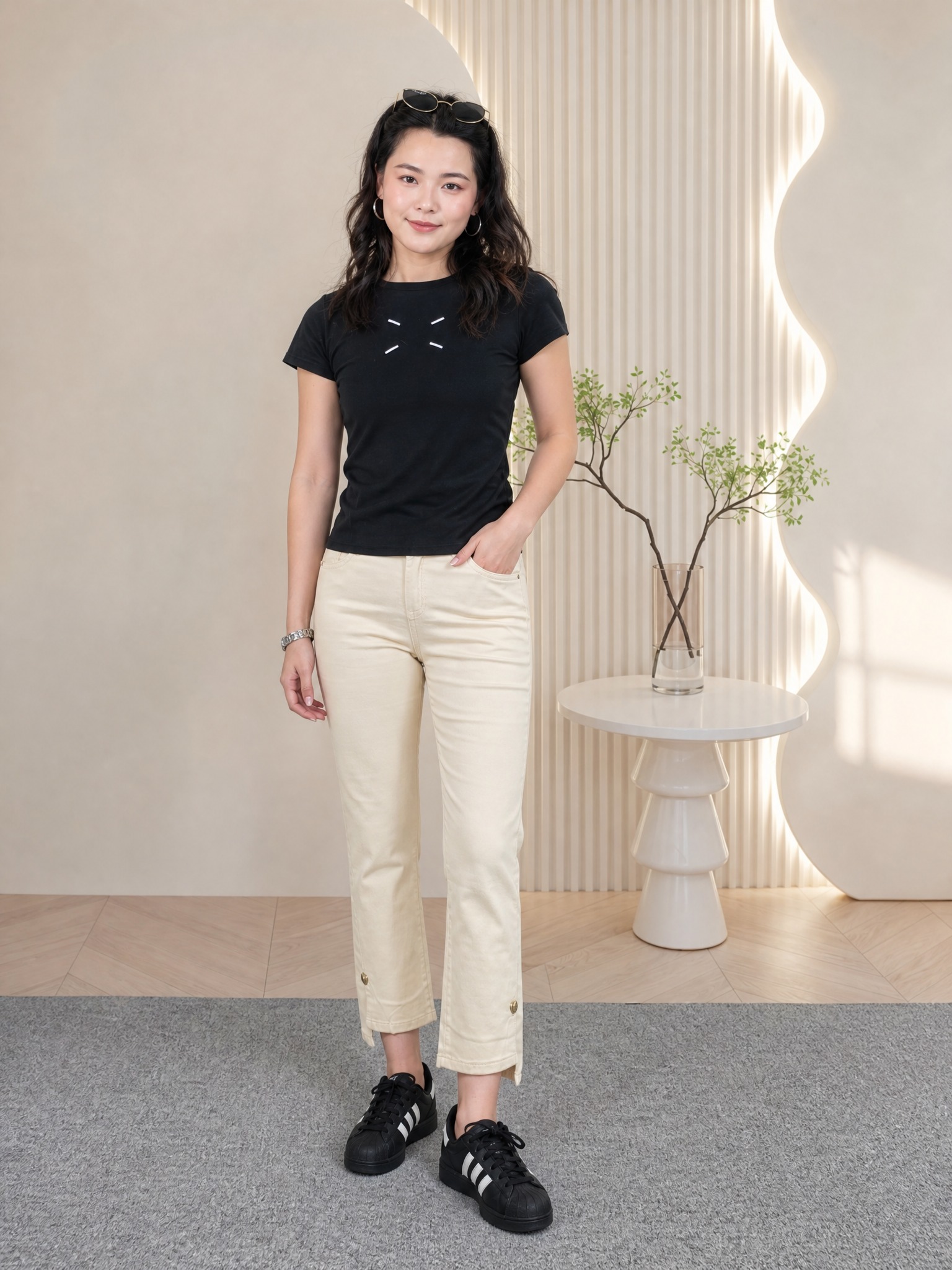 抖音电商服装主图，年轻女性模特正面全身穿搭展示米白色烟管裤八分… - 图片创意预览