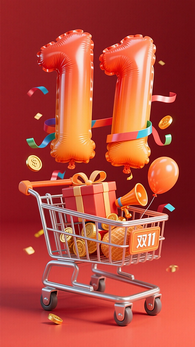 银色购物车里放着橙色渐变的“11”数字气球（充气膨胀、挤压褶皱）、礼盒、喇叭、气球，车身带“双11”标签，点缀彩带、金币，红色背景，电商促销氛围