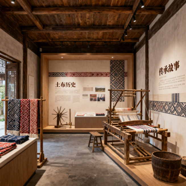 聚丰土布非遗文化展示馆设计意向图，沉浸式互动展示空间，陈列老土布织物和传统织布工具，设置活态织布体验区，墙面展示土布历史和传承故事，整体空间融入土布纹样元素，江南乡村风格效果图预览效果