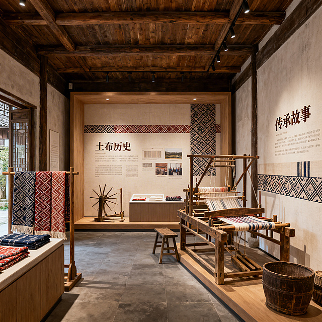 聚丰土布非遗文化展示馆设计意向图，沉浸式互动展示空间，陈列老土布织物和传统织布工具，设置活态织布体验区，墙面展示土布历史和传承故事，整体空间融入土布纹样元素，江南乡村风格效果图