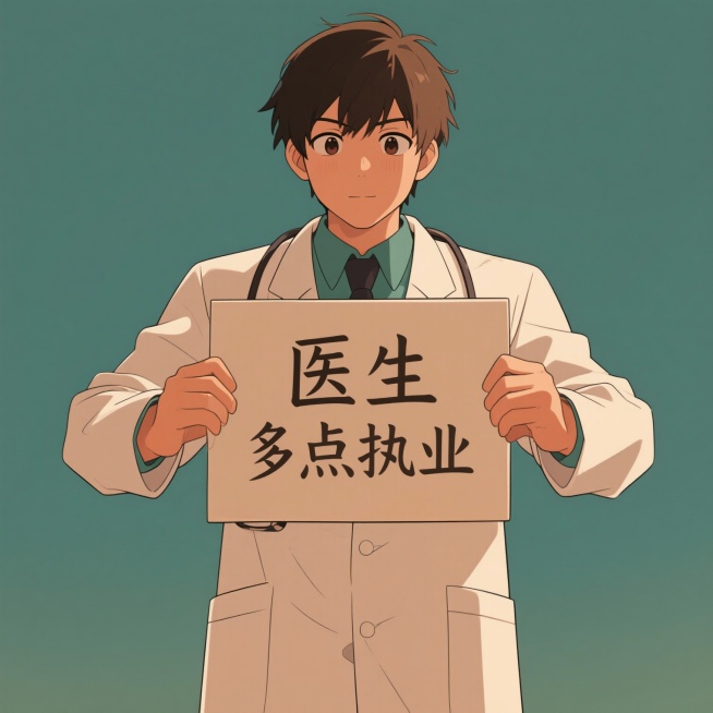 一个医生双手在胸前举个牌子 上面写着医生多点执业 要动画风格 背景不要黑色，也不要太乱。简约风格预览效果