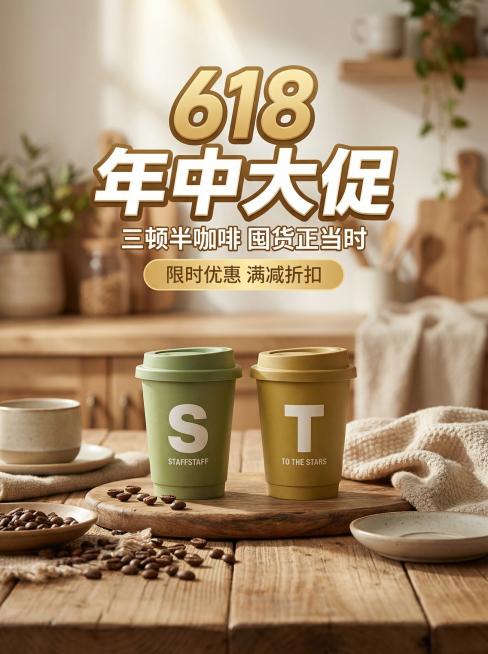 基于图片中的三顿半咖啡产品，制作淘宝618促销海报，整体风格温馨，遵循平衡对称原则、主次重心黄金比例、留白等视觉设计原理，突出咖啡产品，添加醒目的618大促促销文案，尺寸750*1000px预览效果