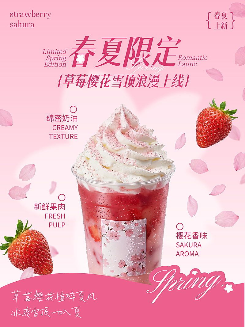 春夏产品营销饮品茶饮草莓樱花雪顶营销活动唯美感小红书配图