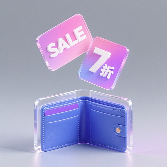 未来感与科技感交融的3D轻拟物设计，透明玻璃质感钱包搭配渐变悬浮标签，清透梦幻，展现7折促销主题。