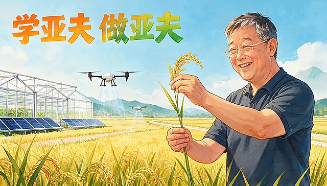 将图中的大标题文字“科技兴农”替换为“学亚夫 做亚夫”，保持原有的橙绿渐变字体风格、字号和位置不变；下方小字“科技赋能 丰收未来”删除。画面其余元素（人物、稻田、无人机、大棚、太阳能板、背景山水天空等）全部保持原样不变，整体风格和色调与原图一致。