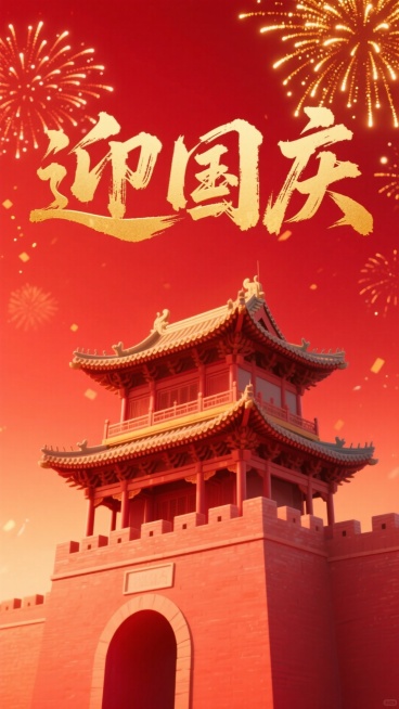 大红色背景，生成一个节日插图，唤起日落或庆祝的光芒。在这幅画的中心，醒目地用粗犷的毛笔书法字体写着大大的金色汉字“迎国庆”。在文字的下面，前景建筑为带斗拱的城楼轮廓，都用平滑的渐变来配合暖色调。顶部角预览效果