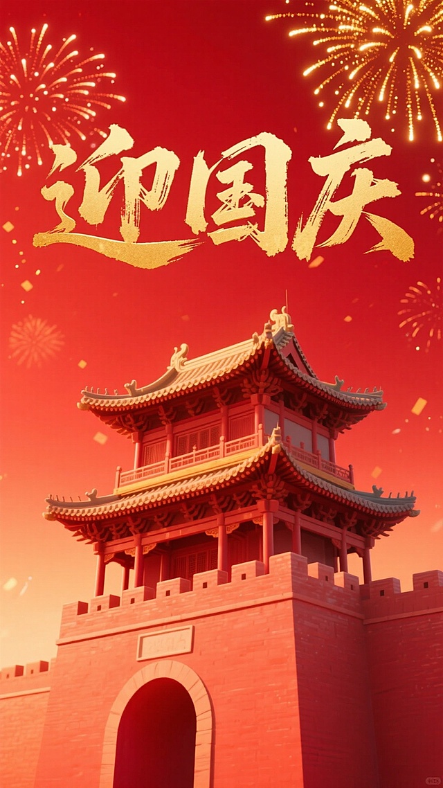 国潮风3D中式城楼，鎏金大字“迎国庆”，烟花粒子点缀，喜庆热烈，古典民族气息浓厚。