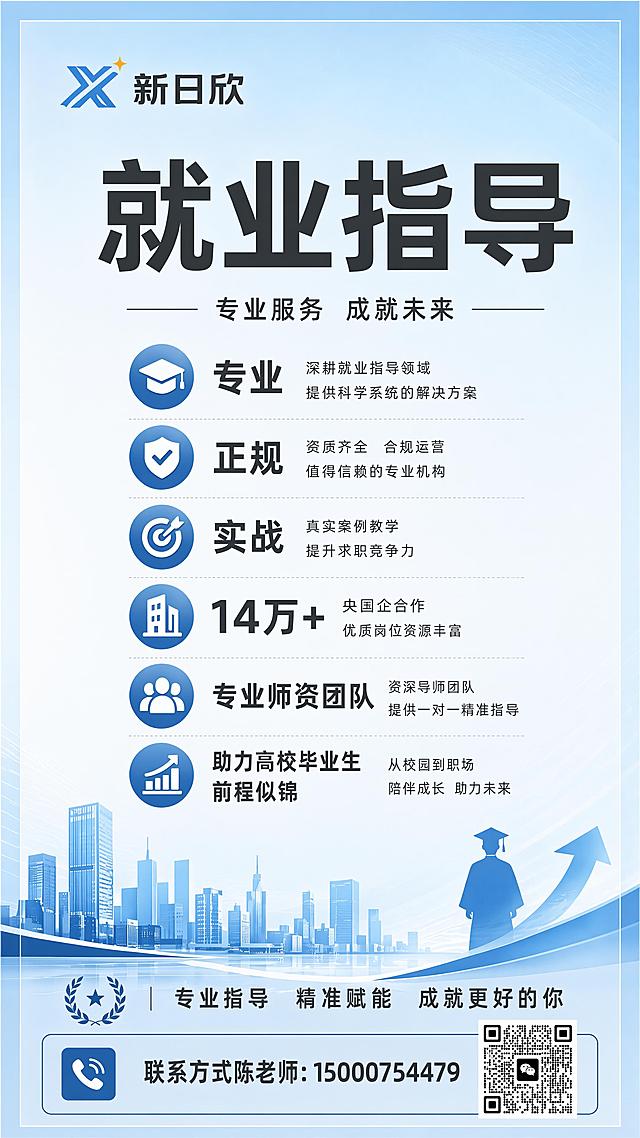 在原就业指导广告牌海报底部添加联系方式区域，放置文字："联系方式陈老师：15000754479"，同时在文字右侧添加提供的微信二维码，保持原海报整体风格、配色、布局不变，新增内容排版协调，所有文字和二维码清晰可见，二维码完整可识别。原海报内容：顶部品牌"新日欣"，主标题"就业指导"，卖点包含专业、正规、实战、14万+央国企合作、专业师资团队、助力高校毕业生前程似锦，浅蓝色专业商务背景。