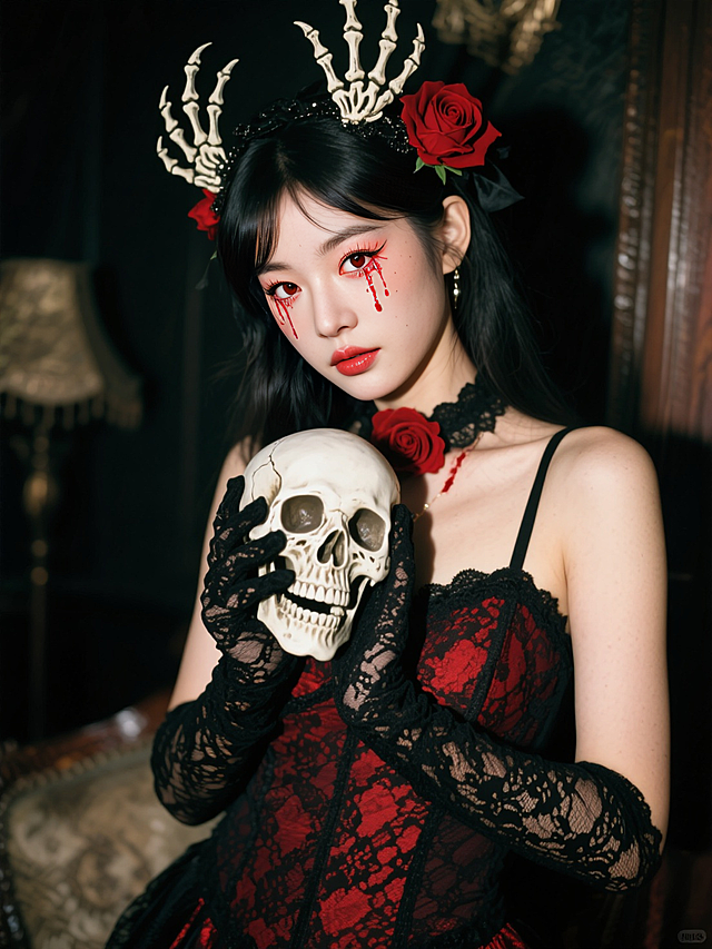 哥特风少女手持骷髅，红黑双色蕾丝裙搭配骨冠与血泪妆，复古油画质感，皮影式光影营造神秘惊悚氛围，万圣节主题视觉。
