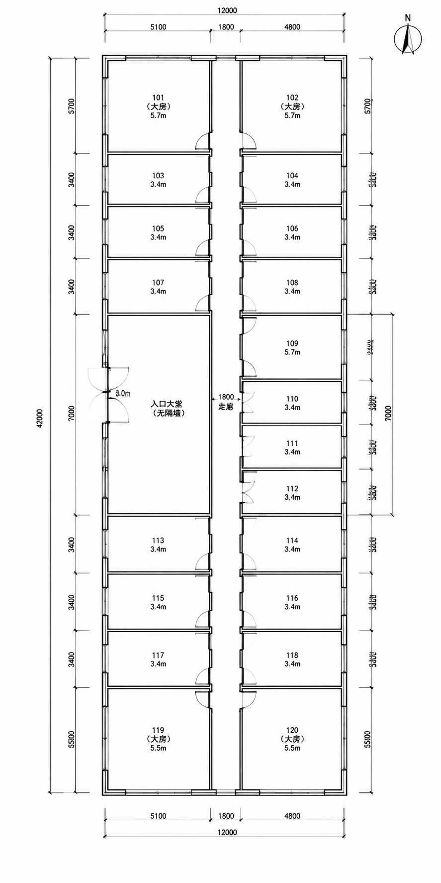 一张专业的CAD风格建筑平面图，白底黑线，建筑总长约42米、总… - 图片创意预览