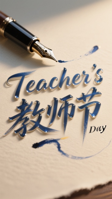 优雅的“教师节”英文“Teacher's Day”与中文组合标志，字体由闪亮的钢笔笔尖和流动的蓝色墨水绘制而成，墨水有光泽感和轻微的润染，背景是微微泛黄的纸张纹理，极简主义，焦点清晰预览效果