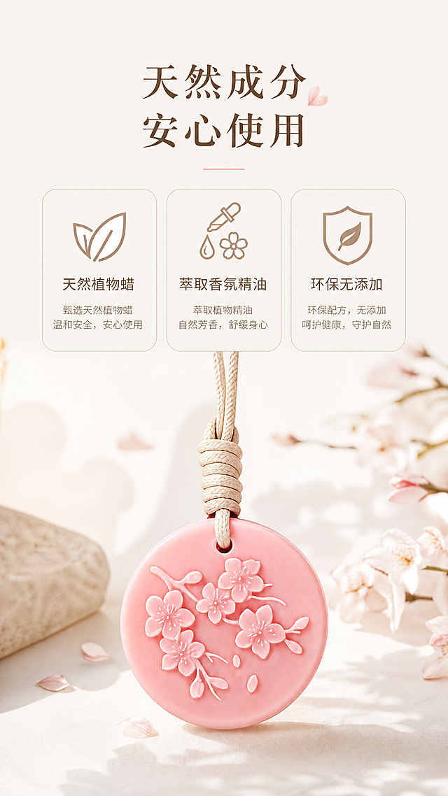 [第3屏] 成分优势，标题「天然成分 安心使用」，三格网格展示：天然植物蜡、萃取香氛精油、环保无添加，各配简约图标，底部放置完整香薰蜡片保持和【图1】外观一致，浅色干净背景，9:16竖版，4K，负向提示：图标错乱,产品变形