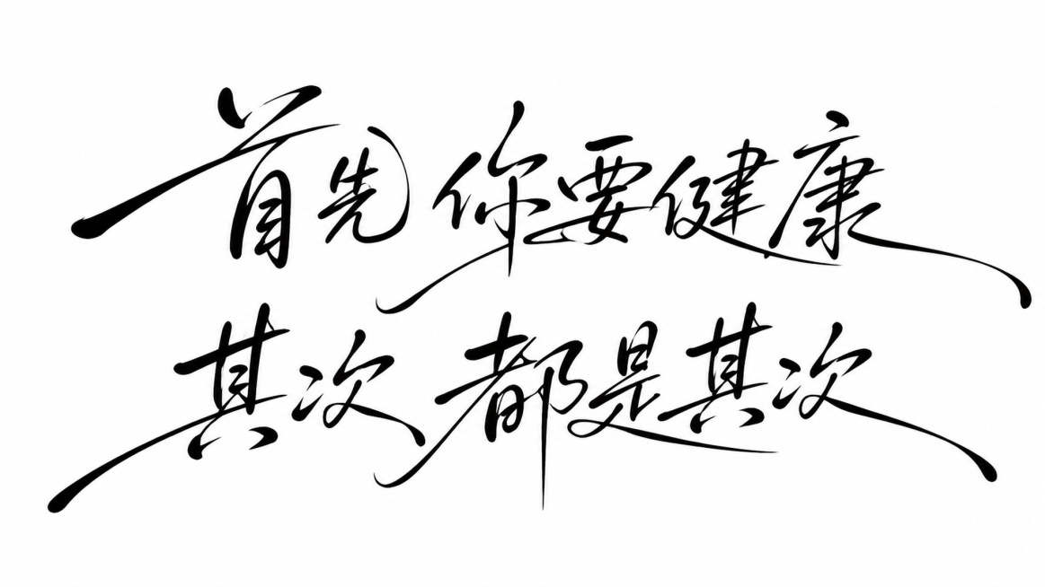 黑色字体，白色背景，干净的背景，创意手写体字体设计十二个字"首先 你要健康，其次 都是其次 "，所有文字分两行横向排列，将字体进行大幅度抽象变形。采用秀丽笔手写笔触，笔画粗细对比鲜明，部分长笔画被夸张预览效果