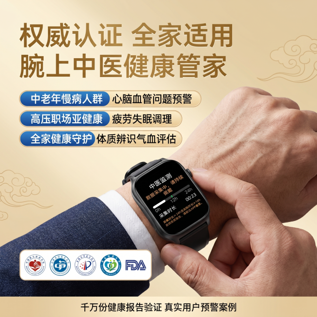 [主图-4] 观九体H1适用人群场景展示。[画质]商业摄影质感，高清真实，自然高级。[元素]画面右侧展示中年商务男士佩戴手表的手腕特写，手表保持外观和原图完全一致，背景浅金色搭配中式祥云纹理，顶部大字预览效果