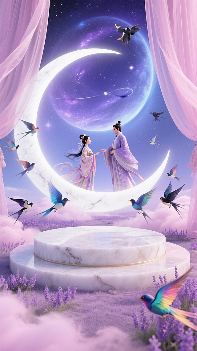 梦幻插画风，古典浪漫，超现实主义场景，情侣在星月相拥，鸟儿环绕，营造七夕佳节氛围。