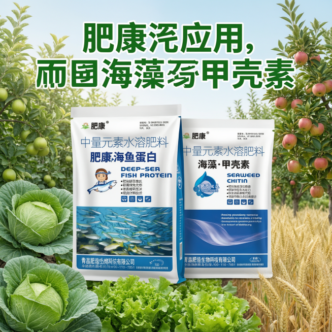 淘宝电商主图，展示通用型适用多种作物，大田蔬菜果树都能用，肥康深海鱼蛋白海藻甲壳素肥料，清新农业风格，1:1比例预览效果
