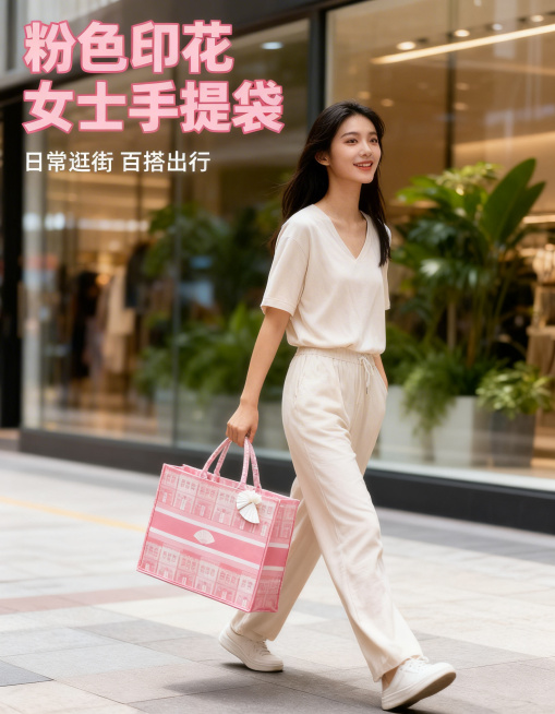 [主图1] 逛街购物场景，粉色女士手提袋首图。保持产品外观和原图100%一致，模特为亚洲年轻女性，身着浅色系休闲穿搭，手提粉色手提袋自然行走在城市商业街，背景是模糊的商场橱窗绿植，柔和时尚自然光，氛围预览效果