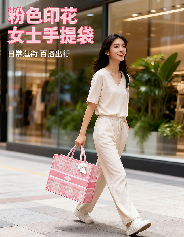 [主图1] 逛街购物场景，粉色女士手提袋首图。保持产品外观和原图100%一致，模特为亚洲年轻女性，身着浅色系休闲穿搭，手提粉色手提袋自然行走在城市商业街，背景是模糊的商场橱窗绿植，柔和时尚自然光，氛围感松弛。产品主体占据画面中心位置，突出包包的整体造型。文案“粉色印花 女士手提袋”副标题“日常逛街 百搭出行”，左上角主标题字体是无衬线粗体粉色，副标题白色较小字体，保留左上角安全边距不遮挡主体。