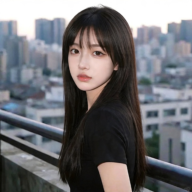 参考提供图片，保持相同动作：侧身站在天台，身体转向镜头，黑色齐刘海长发，穿着黑色短袖，城市背景，生成另一张全新不同长发美女的正方形头像，高清晰，精致五官，清淡妆容，人物和参考图中的人完全不同