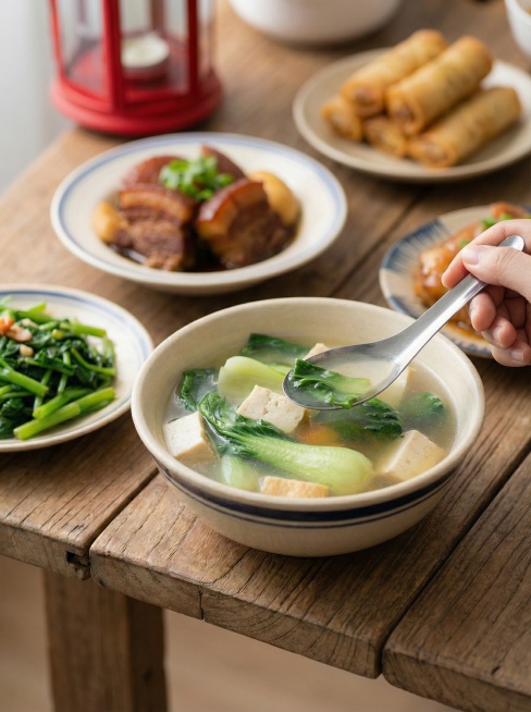 特写餐桌一角：一碗清澈的蔬菜汤（有青菜、豆腐）放在面前，旁边是一小碟翠绿的清炒时蔬，一只手正拿起汤匙舀汤，背景中远处的红烧肉、炸春卷等硬菜虚化，突出“先喝汤、吃蔬菜”的动作，画面干净清爽，色调偏清淡，预览效果