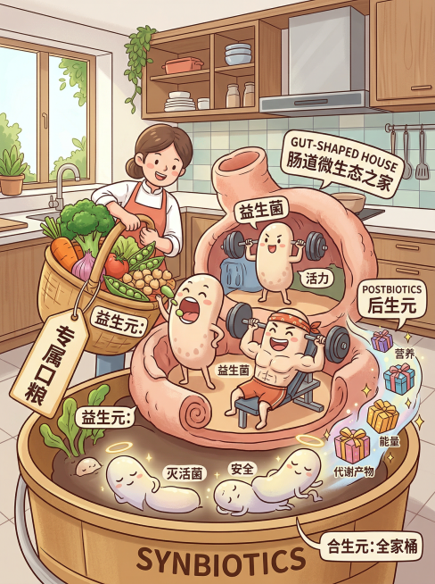 干净厨房场景中，益生菌是充满活力的肌肉细菌形象，在肠道形状的房子里锻炼；益生元是装着蔬菜、豆子的篮子，标签写着'专属口粮'，正被倒进肌肉细菌的嘴里；后生元是肌肉细菌产出的精美小礼物盒（代谢产物）和安静预览效果