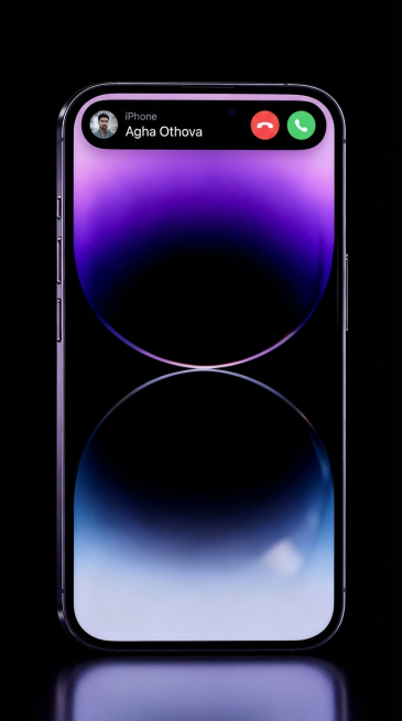 纯黑无杂质深色背景，底部带手机同色系柔和倒影；超写实高级商业产品展示风格，静谧科技感，光影柔和细腻；主色调为屏幕的紫蓝渐变（顶部浅紫、底部深紫蓝），手机边框呈深黑哑光质感；屏幕上方的框选区域内的黑色椭预览效果