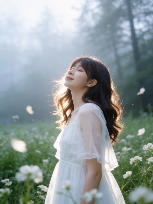生成唯美小清新女生单人写真，仅保留参考图1人物脸型、年龄等特征，忽略参考图中的书包等配饰，风格唯美仙气，柔雾质感，空灵清新氛围；大面积柔焦漫射光，发丝轮廓发光，画面边缘带有自然光晕，低饱和青绿主调，冷预览效果
