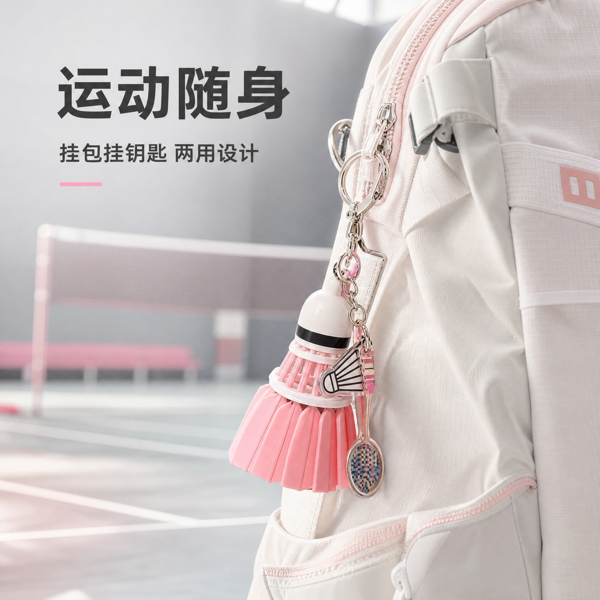 [主图-4] 粉色羽毛球造型钥匙扣挂件 真实使用场景挂包展示。… - 图片创意预览