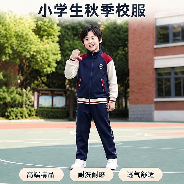 [主图-1] 男童正面全身穿搭展示小学生秋季校服套装。
[氛围风格] 青春活力校园风，自然抓拍高级感。
[画质] 商业摄影质感，光线柔和通透，产品清晰真实，画面干净高级。
[元素] 一名亚洲男童小学生全身正面站立在校园操场，穿着这套藏青拼接米白色立领拉链秋季校服套装，肩膀酒红色拼接，口袋侧边酒红色织带，袖口下摆米白红撞色罗纹，左胸圆形ccq标，下装藏青色长裤侧边白色细条纹。保持校服的颜色拼接、材质纹理、标识细节和输入产品图绝对一致，杜绝任何变形和色差。男童面带微笑，单手自然垂放，另一只手轻轻抬起，姿势和第一张主图不同，自然不僵硬。背景是绿色操场和远处红砖教学楼与茂密绿树，商品主体占比约70%。
[光影] 白天户外自然光，主光正面均匀照亮人物和服装，辅光从侧面补充，阴影柔和，面料纹理清晰可见。
[配色] 主色调：藏青校服和操场绿色，辅助色：酒红和米白拼接色，整体清新自然。
[视角构图] 全身正面平视，构图饱满主体完整，景深适中，背景虚化突出人物和服装。
[文字版式] 顶部大字小学生秋季校服，底部三个圆角浅色卡片标注：高端精品 耐洗耐磨 透气舒适，文字清晰不遮挡主体，大小对比分明。
[输出要求] 1:1比例，宽度2048px，高度2048px，文字清晰可辨，超高清商业摄影质感。
[负向提示词] 变形，文字错乱，服装颜色不对，产品图模糊，背景杂乱，水印，电商平台Logo，遮挡主体，错字，畸形模特。