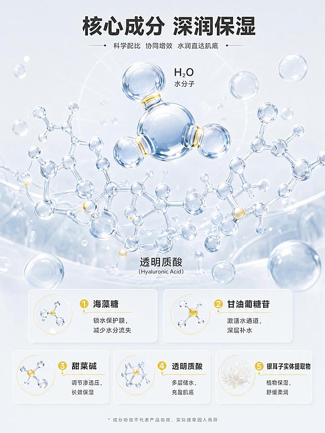 [画面] 成分功效解析页，科研专业风，干净通透实验室质感，分子机理可视化。画面主体为放大的水分子和透明质酸分子3D效果图，分子元素合计占画面60%以上，悬浮于画面中上部，居中对称构图，视觉重心在分子元素上。下方分区标注5种核心保湿成分，每个成分配简短功效说明，不展示产品外观，保持成分信息清晰醒目。柔和漫射光，分子元素带通透高光，整体明亮干净，信息层级清晰。

[视觉] 套系策略：风格=科研专业实验室风，干净通透，分子机理可视化；标题字=现代无衬线粗体；正文字=简洁无衬线体；主色=冷白灰色；背景延展=全局底色#EFF5F9，做细腻渐变和通透光感层次；强调色=黄色，仅用于小面积分子高光点缀和图标引线；标题色=深炭灰；正文色=深灰；组件=细线分隔、圆角浅底信息卡、分子图标；光影=柔和漫射光，分子带通透高光，整体明亮干净。

[文字] 顶部居中主标题「核心成分 深润保湿」，加粗醒目。下方三栏成分说明布局（第一行2个，第二行3个或整齐排列），共5个成分：1.海藻糖——锁水保护膜，减少水分流失；2.甘油葡糖苷——激活水通道，深层补水；3.甜菜碱——调节渗透压，长效保湿；4.透明质酸——多层储水，充盈肌底；5.银耳子实体提取物——植物保湿，舒缓柔润。每个成分名称加粗，功效短句紧随其后，排版整齐，文字清晰可辨，所有文字横向排版，不遮挡分子主体。

[配色] 全局底色#EFF5F9；主色冷白灰色；辅助色深灰文字、灰色和黄色分子。

[负向] 元素过小，文字错乱，背景杂乱，虚假医疗宣传，夸大功效，产品外观，竖排文字，斜排文字，蚂蚁字。