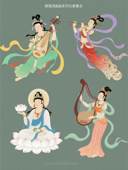 敦煌壁画风格系列素材集合，规整排布于纯色背景，整体色彩变换，保持同风格与元素类目。包含四个完全不同元素内容：左侧上方为反弹琵琶的伎乐天，梳高发髻饰珠翠，身着绿黄相间飘带；右侧上方是吹奏横笛的飞天，手持长笛神情专注，衣袂呈红紫渐变；左侧下方为手捧莲花的供养菩萨，莲花洁白花瓣层叠，菩萨身披蓝白袈裟；右侧下方是弹奏箜篌的乐伎，箜篌弦线细密，人物着橙粉长裙。所有形象均采用传统矿物颜料色调，线条流畅飘逸……预览效果