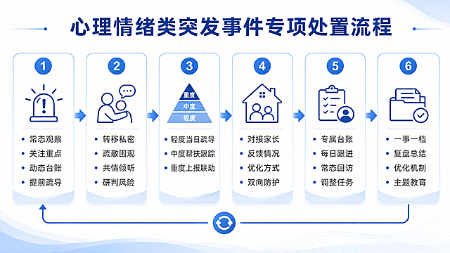 根据以下内容绘制心理情绪类突发事件专项处置精简流程图，去除所有二级标题，仅保留六个核心大环节，文字精简提炼，保持蓝白专业设计风格，流程清晰美观大气：核心六个环节：1.前置预警排查：依托班级自主管理体系，常态化观察学生状态，重点关注特殊群体，建立情绪动态台账，提前标记疏导，源头减少隐患。2.现场紧急干预：突发状况时转移至私密区域，疏散围观，共情倾听接纳情绪，排查诱因，研判风险等级。3.分级精准处置：轻度情绪问题由班主任、心理委员一对一疏导，当日平复；中度启动互助帮扶，调整任务，跟踪引导；重度上报学校，联动专业教师介入看护。4.家校协同联动：针对中重度问题对接家长，反馈情况，优化家庭教育方式，家校构建双向心理防护体系。5.持续跟踪帮扶：建立专属跟踪台账，短期每日跟进、长期常态化回访，开展主题活动帮助调整，合理调整任务，杜绝问题反弹。6.复盘归档优化：一事一档全程留痕，复盘总结优化处置机制，常态化开展主题教育，整体提升学生心理素质。