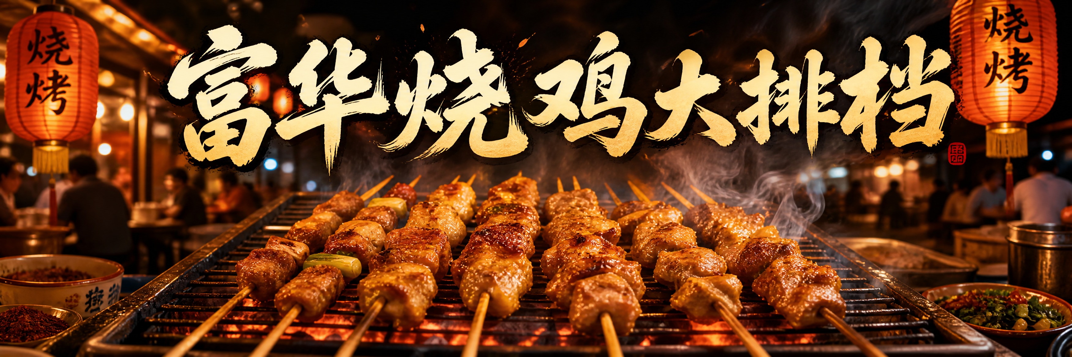 餐饮海报横幅设计，店名"富华烧鸡大排档"，烧烤主题，超宽横版构… - 图片创意预览
