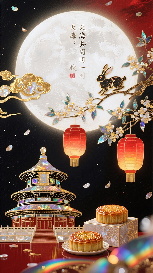 「海上生明月，天涯共此时」书法题字居顶，4K 高清镜头下铺展中式中秋长卷。主体以三分法构图偏置下方：天坛剪影托举鎏金祥云，月兔轻跃于桂枝间，花灯与红灯笼交映暖光，月饼礼盒缀以糖霜纹理尽显精致。中部留白引月光倾泻，工作室柔光箱塑造的金色光芒漫过水墨夜空，与灯笼红晕形成冷暖层次。背景以简洁晕染质感承托元素，朱红、玉白、暖金的传统配色交织温馨氛围，细节处桂花飘落的动态模糊与天坛飞檐的细腻轮廓相映，成就兼