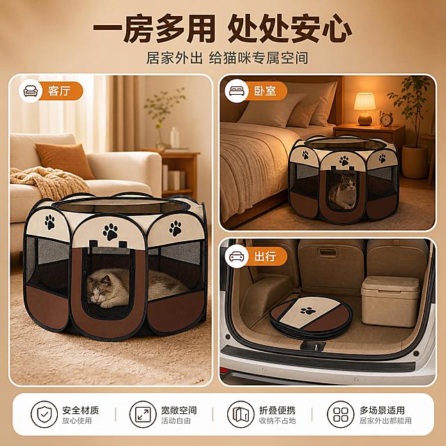 [主图-4] 场景与适配：一房多用，居家外出都能用，展示多种使用场景。
[统一基调] 整体风格=温暖实用商业摄影；背景主色=暖咖棕渐变柔色背景；标题字色=深咖棕；辅助字色=中暖灰；强调色=暖橙色；字体样式=清晰无衬线粗黑体；字号层级=大标题>副标题>卖点标签；卡片=圆角白底轻阴影卡片；图标=简约线性图标。
[画面] 画面分为三宫格拼图，展示三个不同使用场景：左格=客厅居家场景，产房放在地毯上，猫咪在里面休息；右上格=卧室夜间场景，产房放在床边，温馨夜灯氛围；右下格=外出携带场景，产房折叠后放在汽车后备箱；每个场景角上有小标签标注场景名称；整体背景为暖咖棕柔色渐变边框；产品在各场景中保持外观一致。
[光影质感] 各场景自然光线，统一温暖明亮色调，产品融入场景自然，接触阴影真实。
[配色] 主背景=暖咖棕柔色渐变；辅助色=各场景环境色+咖米色；强调色=暖橙色；卡片=白色圆角轻阴影；标题色=深咖棕色。
[文字版式] 顶部居中主标题"一房多用 处处安心"，副标题"居家外出 给猫咪专属空间"；三格分别标注"客厅""卧室""出行"；文字横排，不遮挡主体。
[输出要求] 比例1:1，4K分辨率，文字清晰可读，产品外观与原图一致，猫咪自然真实，禁止错字、模糊、畸形猫、水印、平台Logo、极限词。