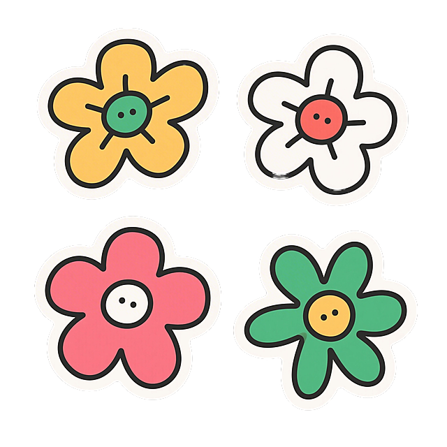 白色背景上四朵平面风格的卡通花朵，每朵花都有简洁的轮廓线条和中心装饰，花朵采用不同的鲜艳颜色，整体呈现出可爱、童趣的插画风格，线条平滑圆润，无渐变和复杂光影效果，保持扁平化设计特征