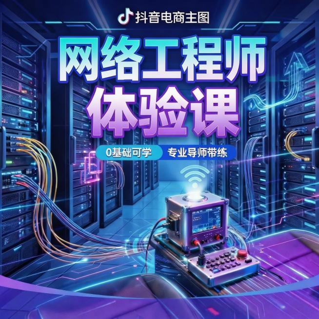 将原图片的主标题改为"网络工程师体验课"，保留原抖音电商主图标识、0基础可学、专业导师带练文字，蓝紫科技风不变，背景替换为网络机柜、交换机、网线组网场景，整体和原图风格完全统一预览效果