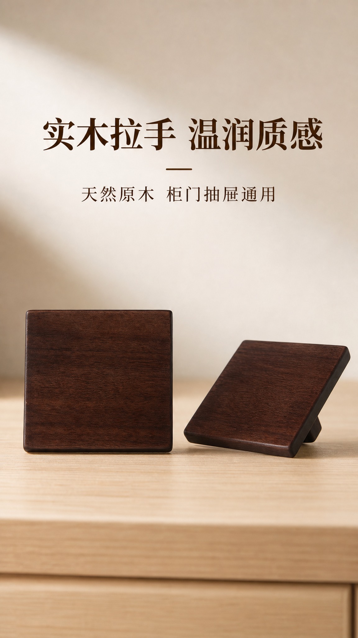电商详情页头图：深胡桃木色方形实木拉手，天然木纹哑光漆面，斜边… - 图片创意预览