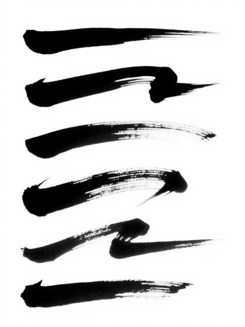 在纯白色背景上，以中国传统水墨风格绘制的6个完全不同造型的黑色毛笔笔触系列素材集合，保持浓黑的墨色、自然的飞白效果、流畅的线条韵律和写意的笔触质感，每个笔触具有独特的弯曲弧度、粗细变化和末端形态，呈现不同角度（水平、倾斜、垂直、回旋）和不同动态（舒展、紧凑、飘逸、顿挫）的形态，整体规整排布成视觉平衡的构图，所有笔触均保留水墨画特有的笔触肌理和墨色浓淡层次。预览效果