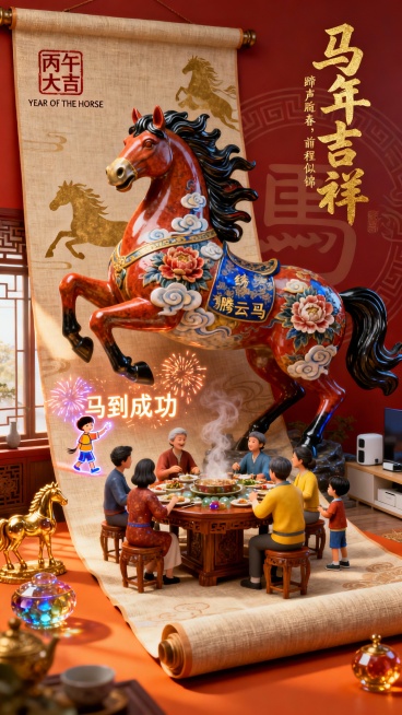 《丙午迎春图》数字三维长卷，以亚麻肌理为基底，丝绸光泽为表层，全景展现马年新春的吉庆场景。画面核心为一匹健硕雄骏、鬃毛飞扬的“锦绣腾云马”彩塑，作为视觉焦点，其周身饰以祥云与牡丹纹样，家人围坐于镶嵌玛预览效果