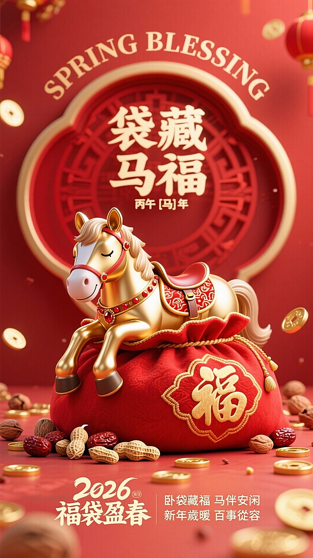 主体场景：软萌生肖马（亮金色金属质感，圆耳短鬃）蜷卧在绣 “福” 字的红锦福袋上，前蹄搭袋口、鼻尖蹭着露出的花生 / 红枣，垂眼笑显慵懒软萌；鞍具、鬃毛饰红色锦缎纹，嵌小红宝石；萌马 + 福袋置于带绒边金边的红框内，框周散着干果、金铜钱，红色系喜庆背景。文字排版（环绕式）： 画面顶部：环形排布浅金英文 “SPRING BLESSING”； 环内居中：红团纹框 +“袋藏马福”（大字）+“丙午 [马] 年”（小字）； 画面中域：萌马 + 福袋主体（文字环绕）； 画面底部：左 “2026  福袋盈春”（艺术字），右文案 “卧袋藏福  马伴安闲”“新年歲暖 百事從容”