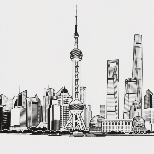 上海城市天际线的黑白线条插画，以东方明珠电视塔为中心，左右分布着金茂大厦、上海环球金融中心等标志性摩天大楼，以及上海大剧院、东方艺术中心等文化建筑，所有建筑轮廓清晰，线条简洁流畅，细节精致，整体呈现出一种现代都市的简洁与秩序感，画面构图平衡，留白充足，展现出上海作为国际化大都市的独特城市风貌。预览效果