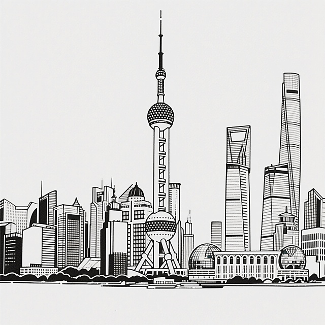 上海城市天际线的黑白线条插画，以东方明珠电视塔为中心，左右分布着金茂大厦、上海环球金融中心等标志性摩天大楼，以及上海大剧院、东方艺术中心等文化建筑，所有建筑轮廓清晰，线条简洁流畅，细节精致，整体呈现出一种现代都市的简洁与秩序感，画面构图平衡，留白充足，展现出上海作为国际化大都市的独特城市风貌。
