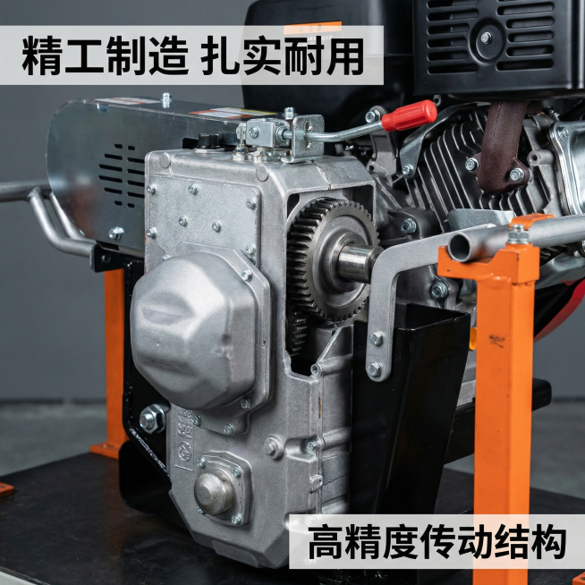 [主图 3] 
[主图主题] 工艺细节展示
[氛围/风格] 高清细节，专业质感
[画面元素] 特写展示225F汽油机主机核心金属部件，放大齿轮连接结构，展现金属加工精度与扎实做工，产品材质纹理清晰，光预览效果