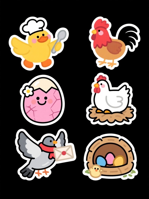 一套6个完全不同元素的家禽主题卡通素材集合，保持与原图一致的平面卡通风格，白色纯色背景，黑色清晰轮廓线，鲜艳的色块填充。每个元素都具有圆润可爱的造型、夸张的表情和动态姿势：1. 一只戴着厨师帽、手持汤勺的黄色小鸭子，翅膀展开，面带微笑；2. 一个带有笑脸表情、戴着小花的粉色鸡蛋，蛋壳上有裂纹；3. 一只正在打鸣的红色公鸡，头部高昂，翅膀微张；4. 一只正在下蛋的白色母鸡，蹲在鸡窝上，表情专注；……预览效果