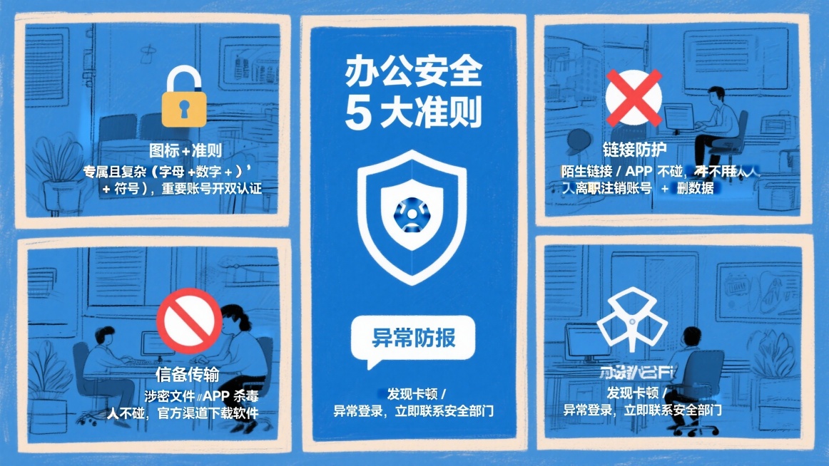 图片描述：中心标题为 “办公安全 5 大准则”，周围分 5 个对称模块，每个模块含 “图标 + 准则 + 简短说明”： 密码安全：密码锁图标，文字 “专属且复杂（字母 + 数字 + 符号），重要账号开预览效果