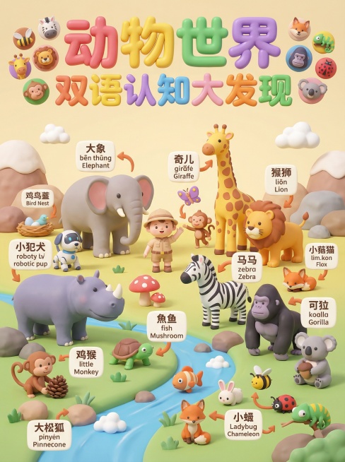 竖版A4儿童认知横幅全景长图，主题《动物世界 双语认知大发现》，柔和圆润黏土塑形3D风格，明亮温暖纯净体积光。顶部横幅是超大圆滚滚彩色黏土气球字体标题，两侧散落黏土小动物装饰浮雕。主体是广角微缩景观视预览效果